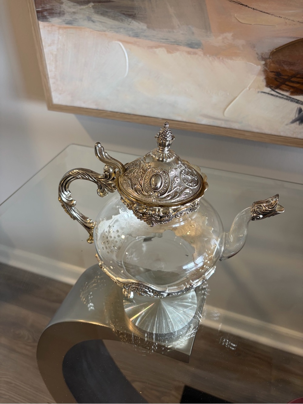 Like New Moroccan Ornate Silver-Trim Glass Teapot